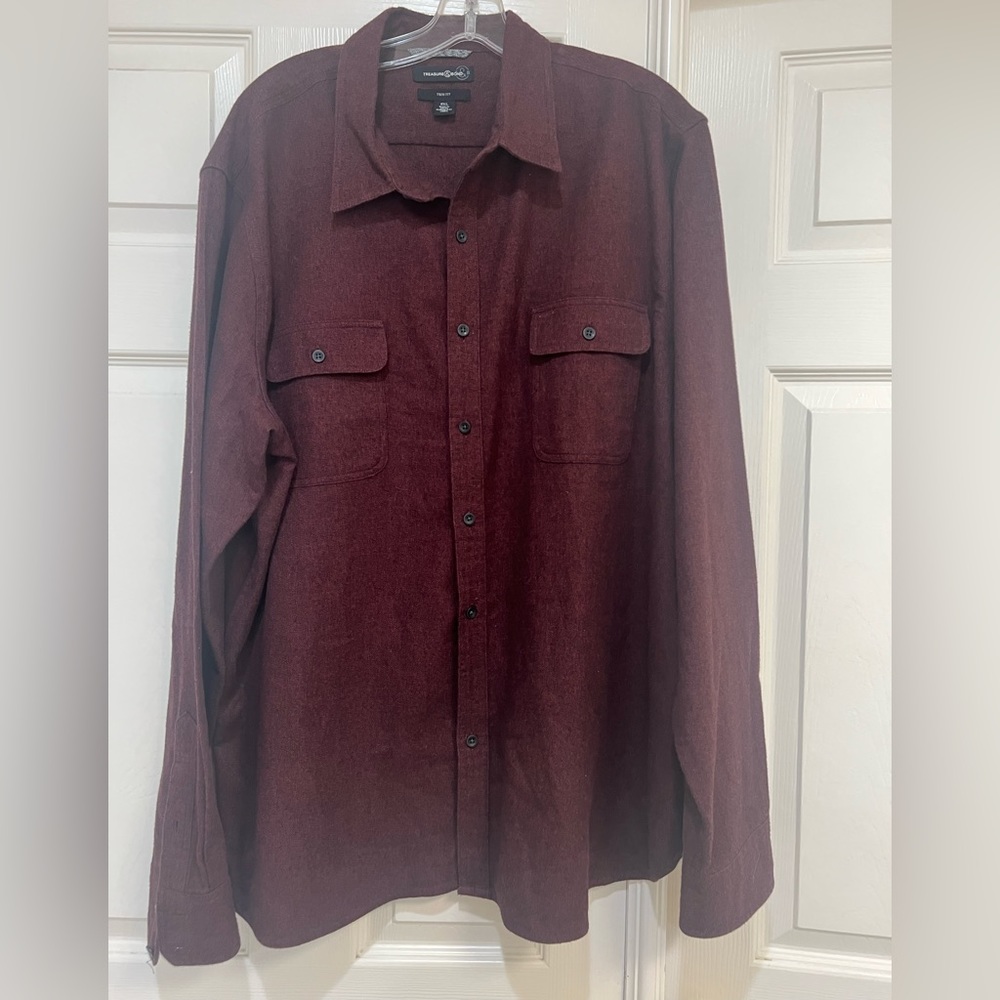 Treasure & Bond Mens Cotton Button-Up Shirt Red Black Heathered Trim Fit…